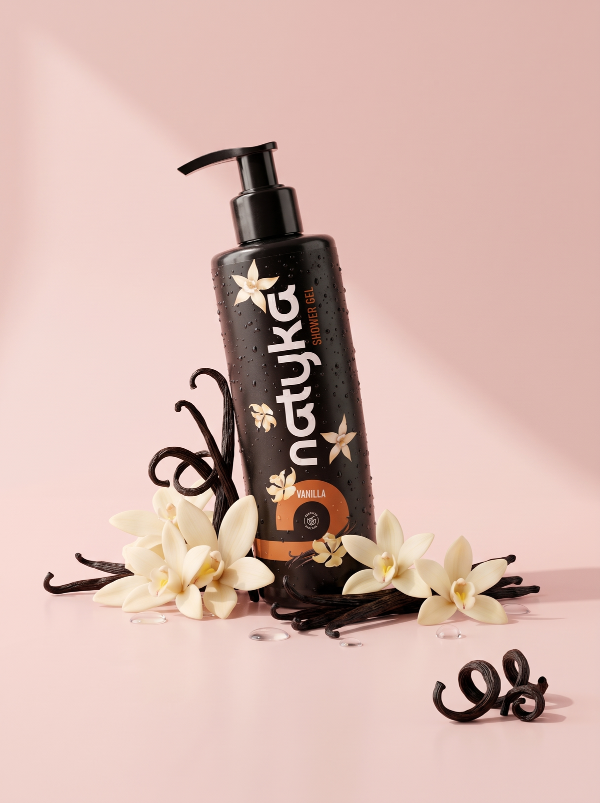 Gel douche Vanille Natyka, flacon et gousses de vanille