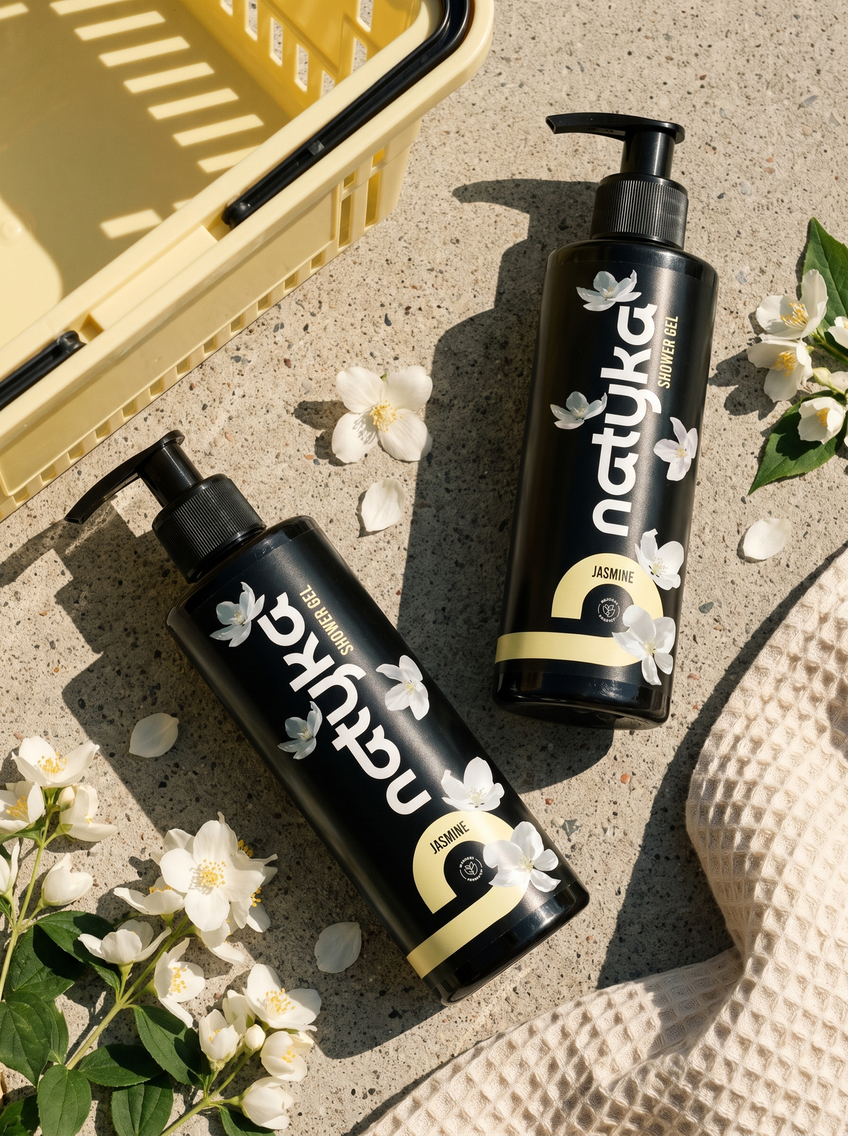 Gel douche Jasmin Natyka, flacon et fleurs de jasmin