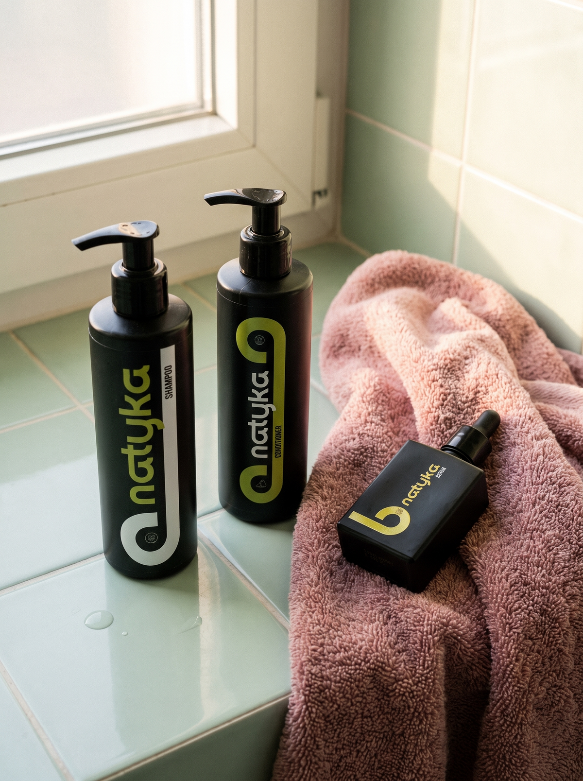 Routine cheveux Natyka : shampoing, après-shampoing et sérum